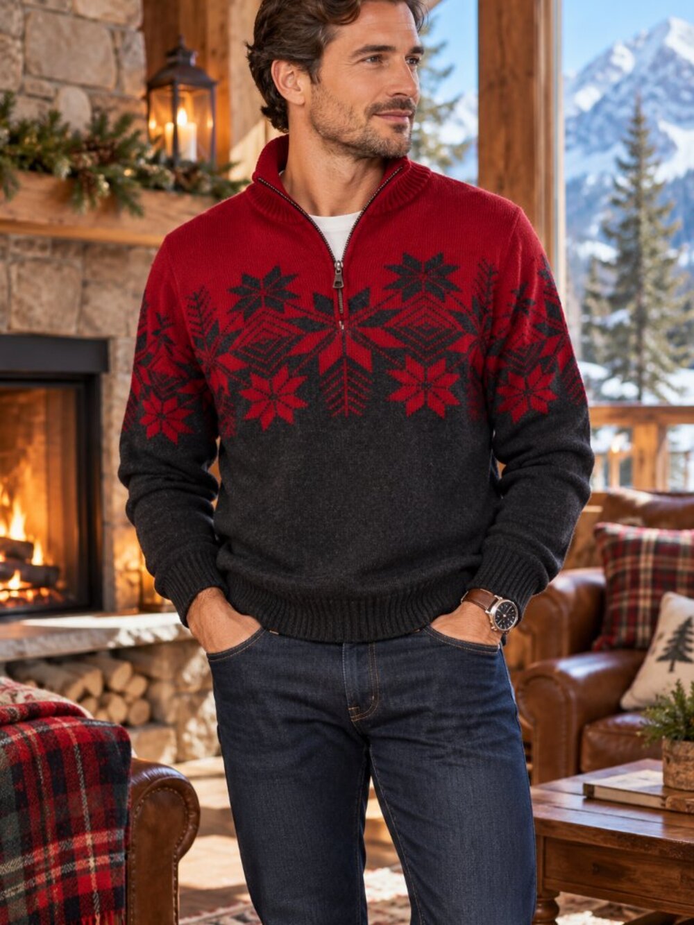Weathervane Red Gray Fair Isle 1/4 Zip Cotton Sweater Men's Large